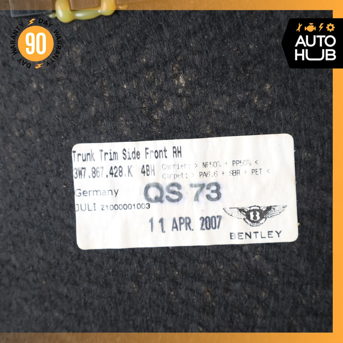 07-11 Bentley Continental GTC Right Side Inside Trunk Panel Carpet Cover OEM 62k - photo 12